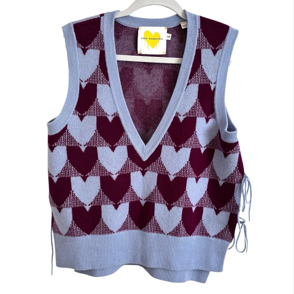 Anthropologie Kerri Rosenthal Vest O/S Purple Blue Hearts Cashmere Check Preppy